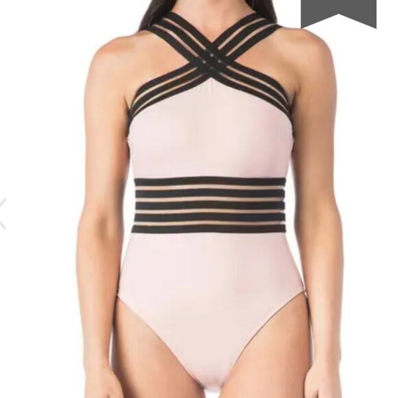 Kenneth Cole High Neck One Piece Swimsuit Pink Black Cut Outs Size 8 - Picture 1 of 9